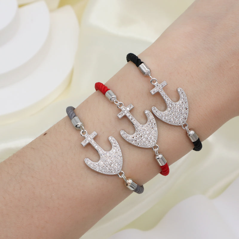 Anchor Charm Women Gift Jewelry Wholesale Customized Factory OEM Handmade Friendship Ajustable Rope Rhodium CZ Anchor Bracelet