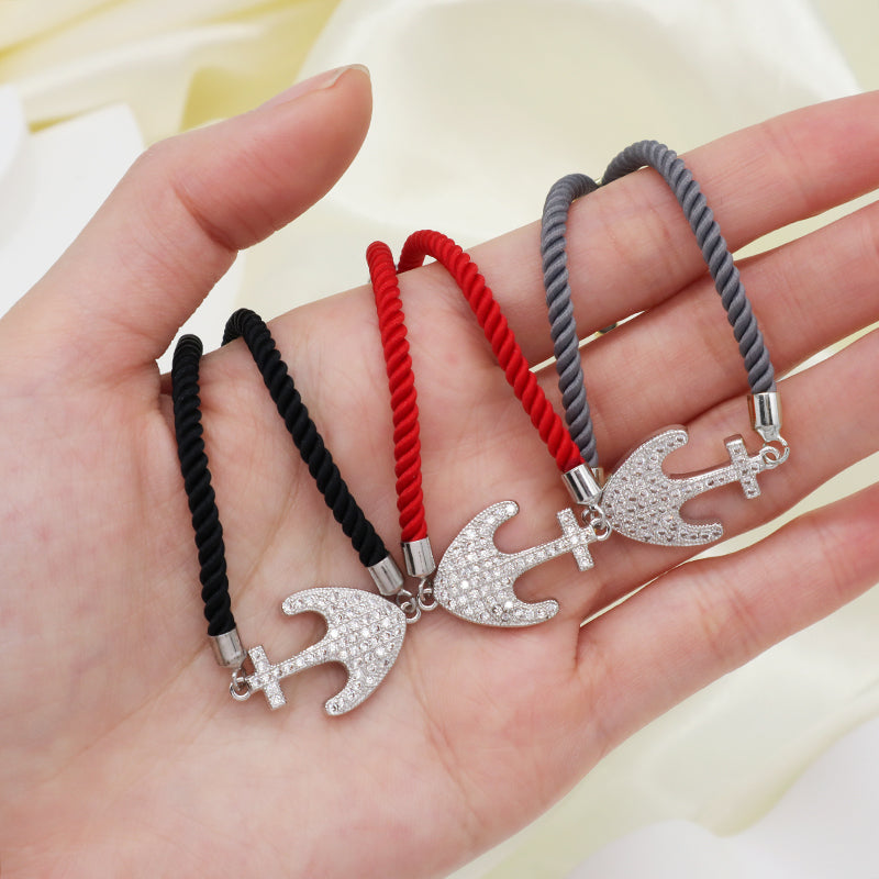 Anchor Charm Women Gift Jewelry Wholesale Customized Factory OEM Handmade Friendship Ajustable Rope Rhodium CZ Anchor Bracelet