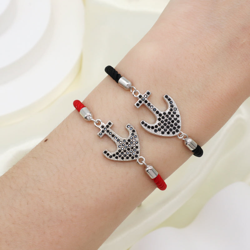 Handmade Friendship Wholesale Custom Factory OEM Fashion Jewelry Ajustable Rope Rhodium CZ Anchor Charm Bracelet For Women Gift