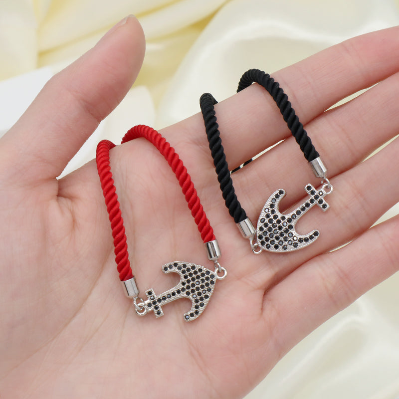 Handmade Friendship Wholesale Custom Factory OEM Fashion Jewelry Ajustable Rope Rhodium CZ Anchor Charm Bracelet For Women Gift