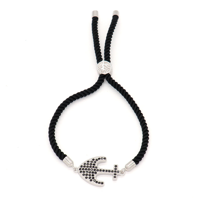 Handmade Friendship Wholesale Custom Factory OEM Fashion Jewelry Ajustable Rope Rhodium CZ Anchor Charm Bracelet For Women Gift