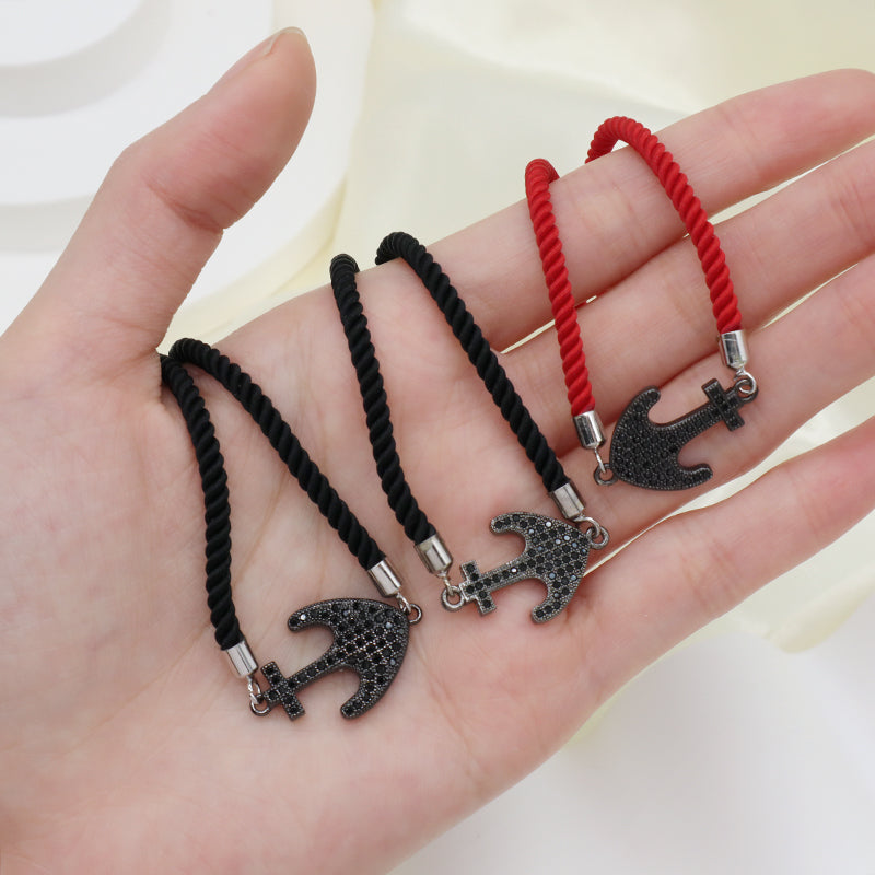 Temperament Friendship Wholesale Handmade Customized OEM CZ Ajustable Rope Rhodium Anchor Charm Bracelet For Women Gift Jewelry