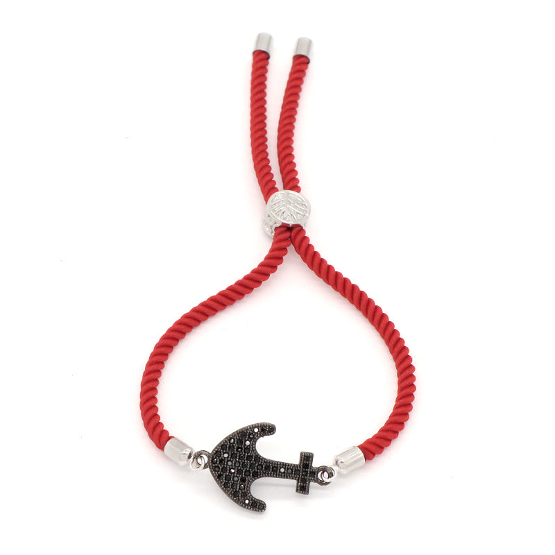 Temperament Friendship Wholesale Handmade Customized OEM CZ Ajustable Rope Rhodium Anchor Charm Bracelet For Women Gift Jewelry