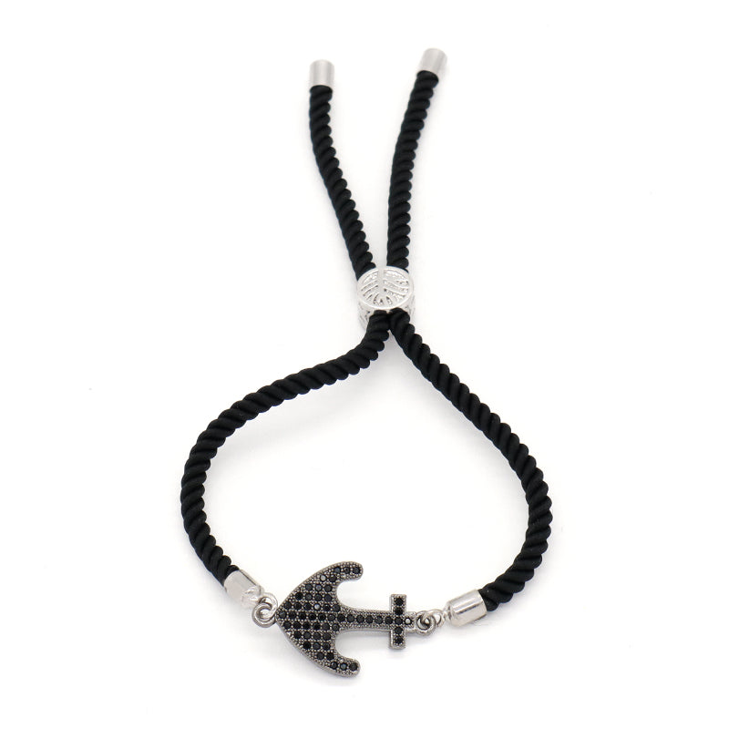 Temperament Friendship Wholesale Handmade Customized OEM CZ Ajustable Rope Rhodium Anchor Charm Bracelet For Women Gift Jewelry