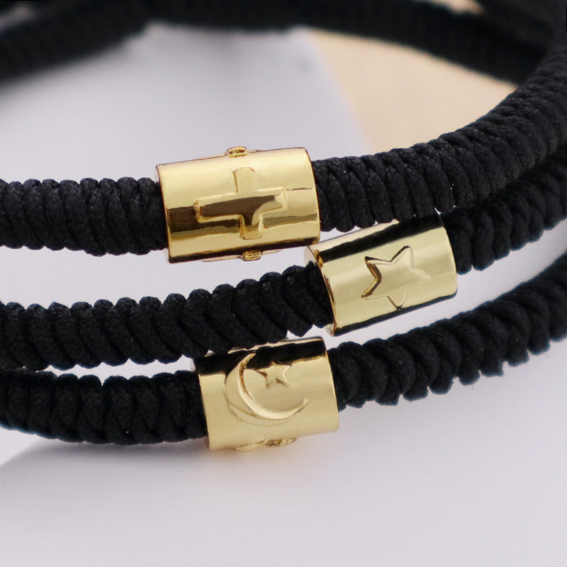 OEM Custom Wholesale Women Men Jewelry Ajustable Rope Woven Braided Handmade Macrame Gold Plated Cross Moon Star Charm Bracelet
