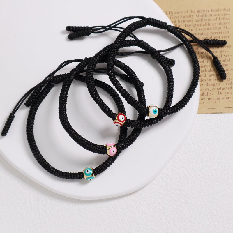 Customized OEM Handmade Wholesale Women Jewelry Ajustable Rope Woven Braided Macrame Gold Plated Enamel Evil Eyes Charm Bracelet