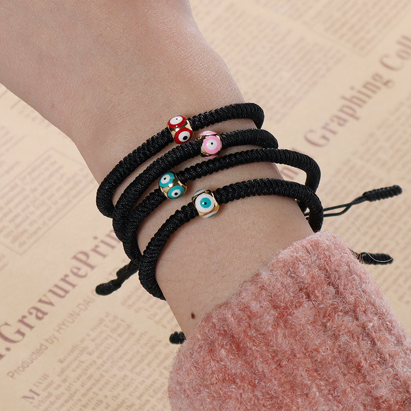 Customized OEM Handmade Wholesale Women Jewelry Ajustable Rope Woven Braided Macrame Gold Plated Enamel Evil Eyes Charm Bracelet