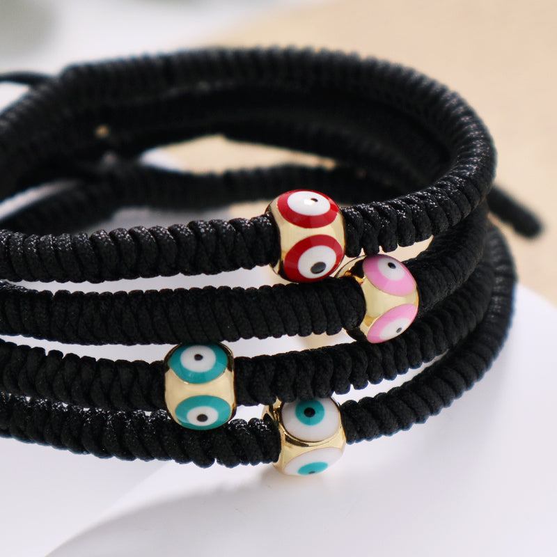 Customized OEM Handmade Wholesale Women Jewelry Ajustable Rope Woven Braided Macrame Gold Plated Enamel Evil Eyes Charm Bracelet