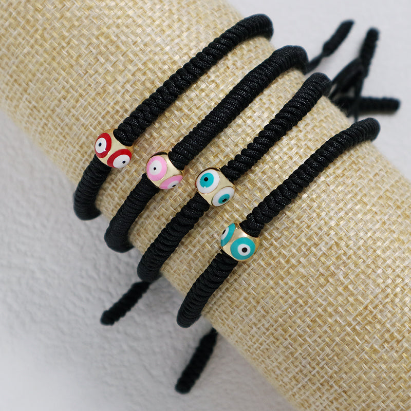 Customized OEM Handmade Wholesale Women Jewelry Ajustable Rope Woven Braided Macrame Gold Plated Enamel Evil Eyes Charm Bracelet