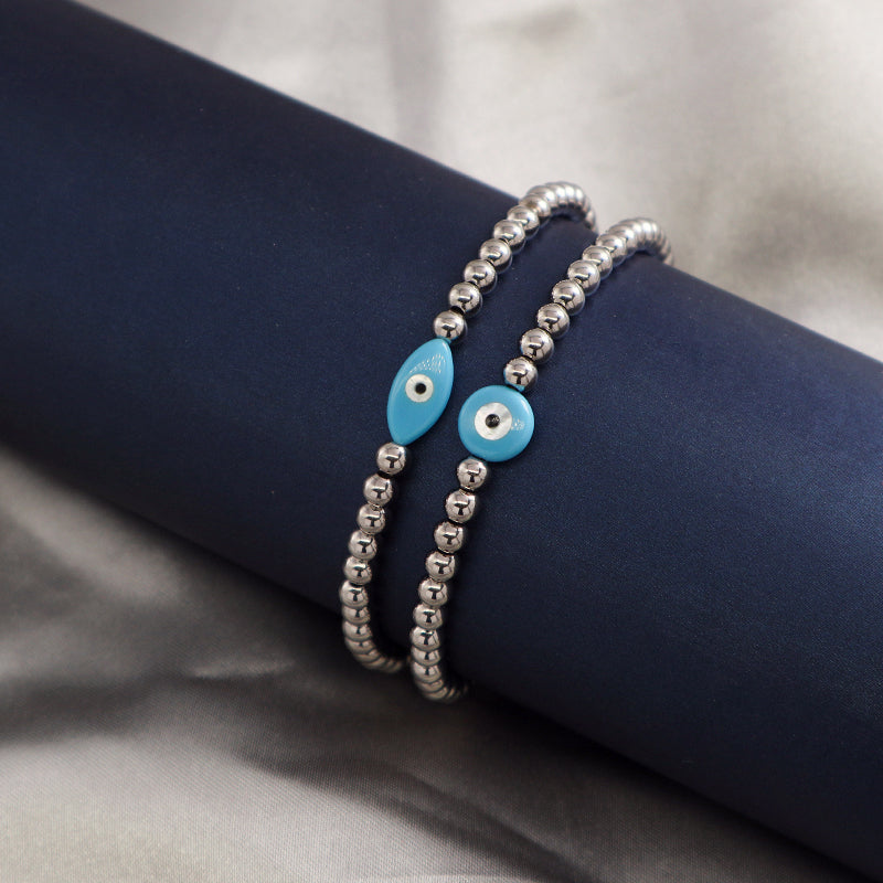 Fashionable OEM Wholesale Customized Blue Eyes Shell Charm Jewelry Handmade Stainless Steel Beads Evil Eyes Bracelet For Women