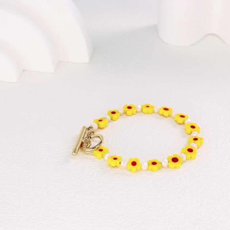 Wholesale Custom Cute Women Jewelry OT Clasp Handmade 4mm Glass Crystal Hard Pottery Flower Charm Boho Flower Girl Bracelet