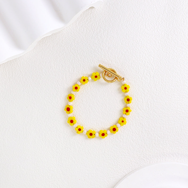 Wholesale Custom Cute Women Jewelry OT Clasp Handmade 4mm Glass Crystal Hard Pottery Flower Charm Boho Flower Girl Bracelet
