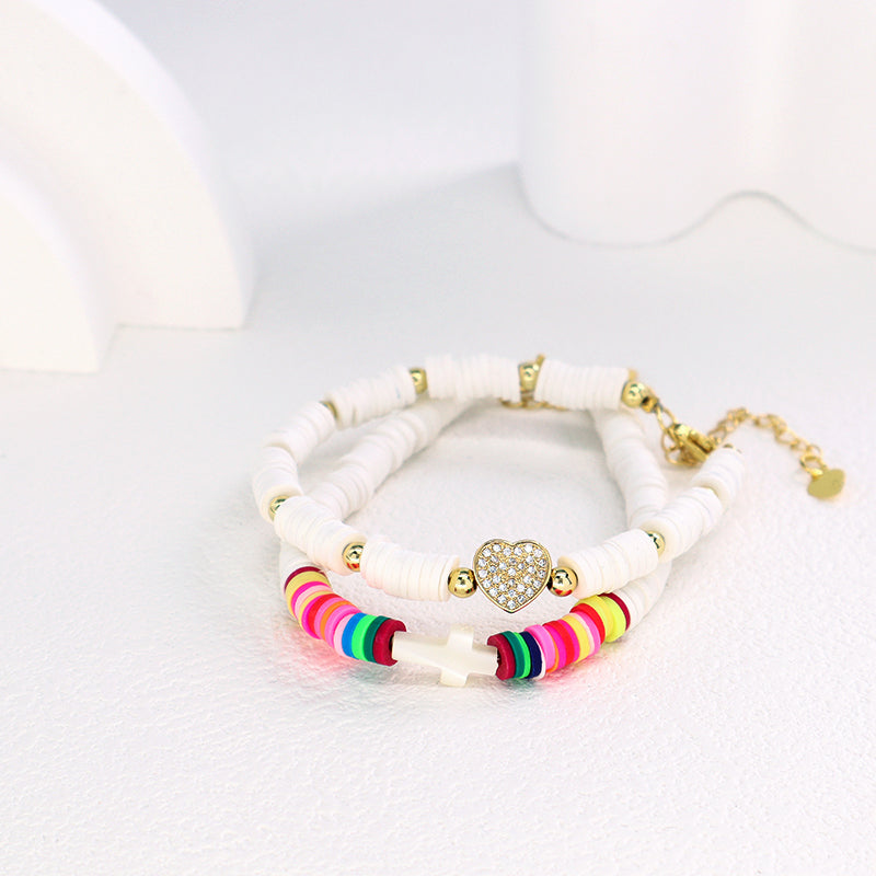 Wholesale Custom Factory Fashion Jewelry Ajustable Handmade White CZ Heart Shell Cross Polymer Clay Bracelet For Women Girl