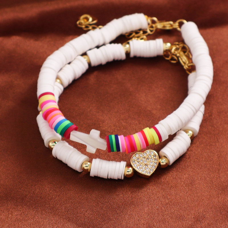 Wholesale Custom Factory Fashion Jewelry Ajustable Handmade White CZ Heart Shell Cross Polymer Clay Bracelet For Women Girl
