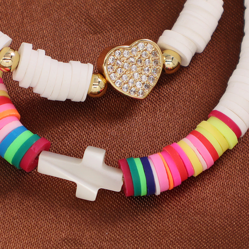 Wholesale Custom Factory Fashion Jewelry Ajustable Handmade White CZ Heart Shell Cross Polymer Clay Bracelet For Women Girl