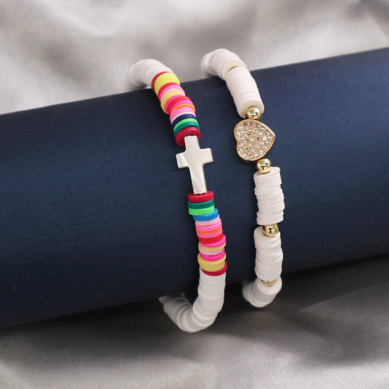 Wholesale Custom Factory Fashion Jewelry Ajustable Handmade White CZ Heart Shell Cross Polymer Clay Bracelet For Women Girl