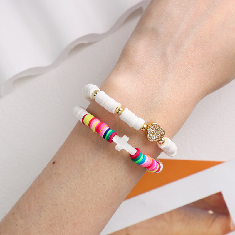Wholesale Custom Factory Fashion Jewelry Ajustable Handmade White CZ Heart Shell Cross Polymer Clay Bracelet For Women Girl