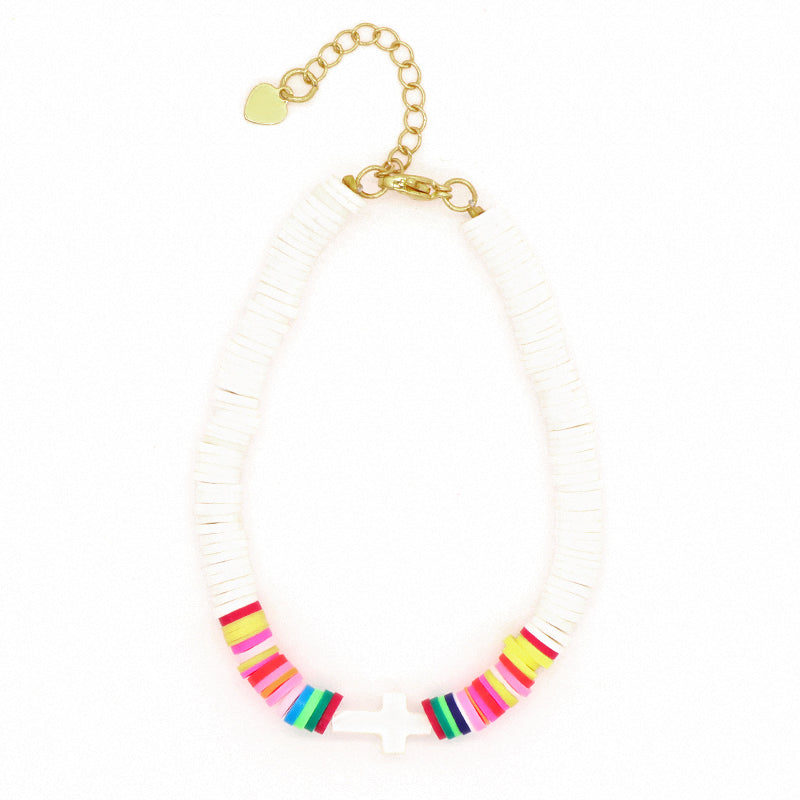 Wholesale Custom Factory Fashion Jewelry Ajustable Handmade White CZ Heart Shell Cross Polymer Clay Bracelet For Women Girl