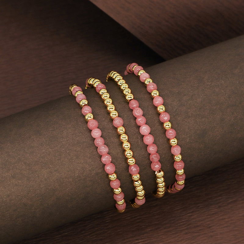 Friendship OEM Customized Fashion Pink Ladies Gold Plated 4mm Beaded Handmade Elastic Faceted Natural Stone Beaded Bracelet