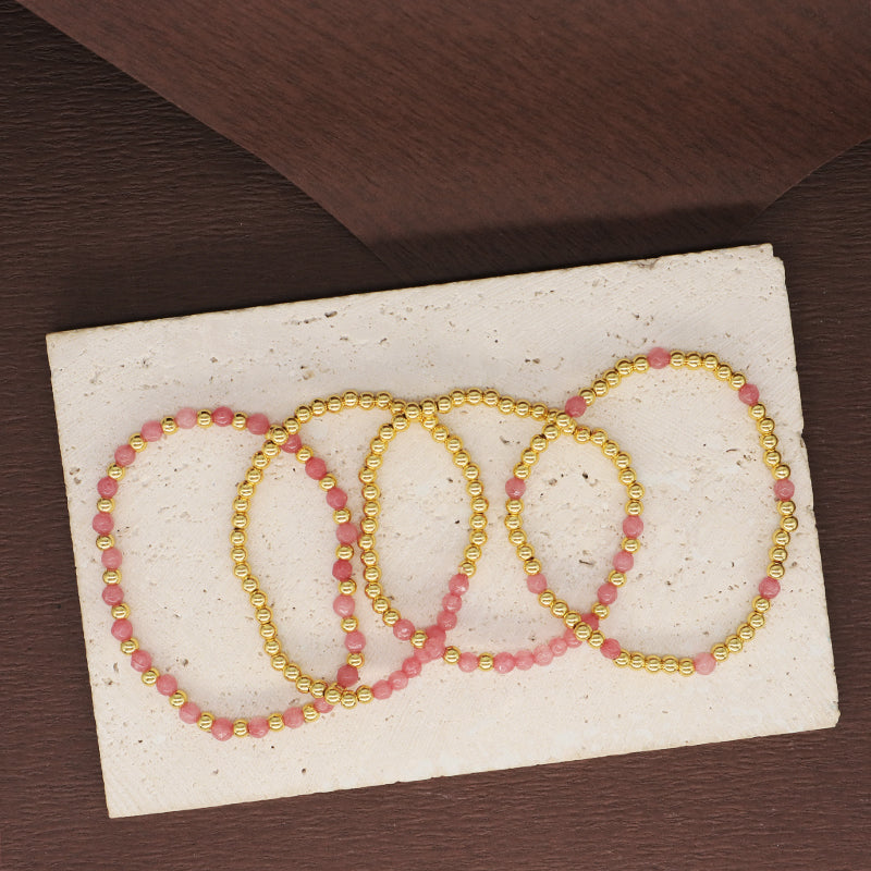 Friendship OEM Customized Fashion Pink Ladies Gold Plated 4mm Beaded Handmade Elastic Faceted Natural Stone Beaded Bracelet