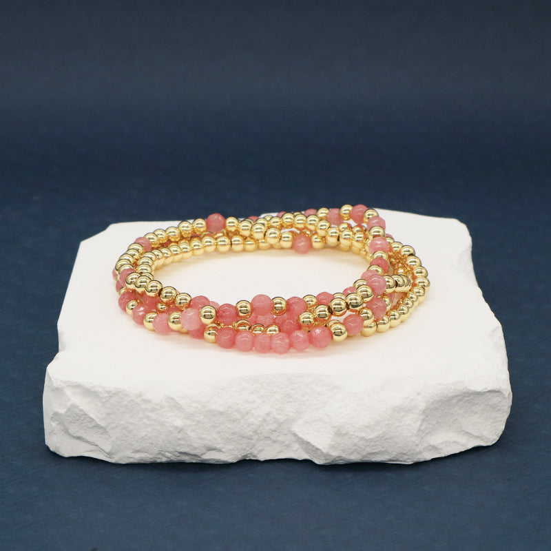 Friendship OEM Customized Fashion Pink Ladies Gold Plated 4mm Beaded Handmade Elastic Faceted Natural Stone Beaded Bracelet