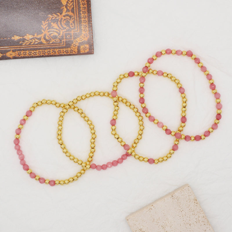 Friendship OEM Customized Fashion Pink Ladies Gold Plated 4mm Beaded Handmade Elastic Faceted Natural Stone Beaded Bracelet