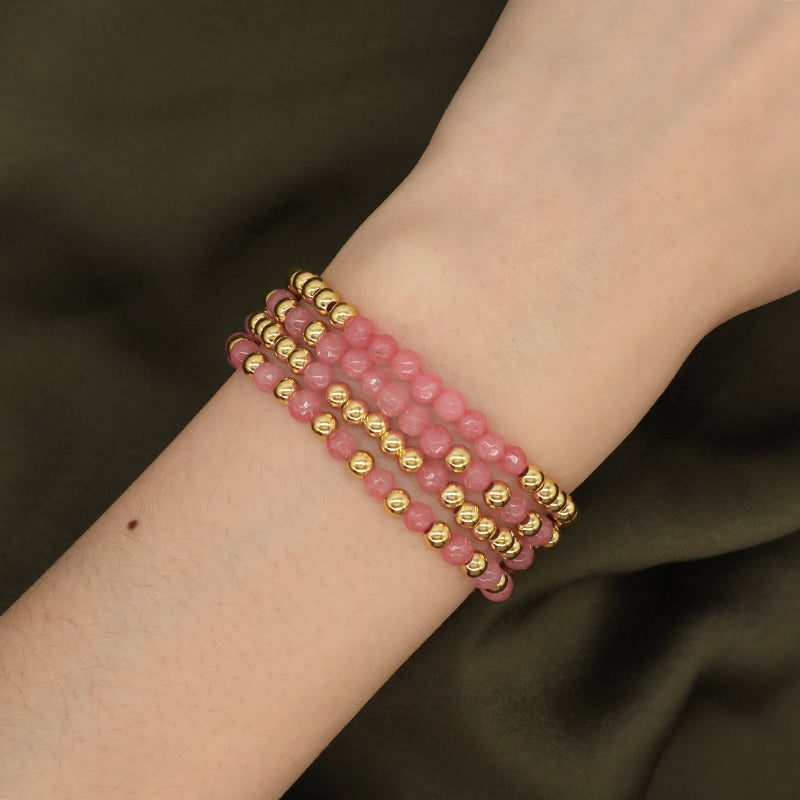 Friendship OEM Customized Fashion Pink Ladies Gold Plated 4mm Beaded Handmade Elastic Faceted Natural Stone Beaded Bracelet