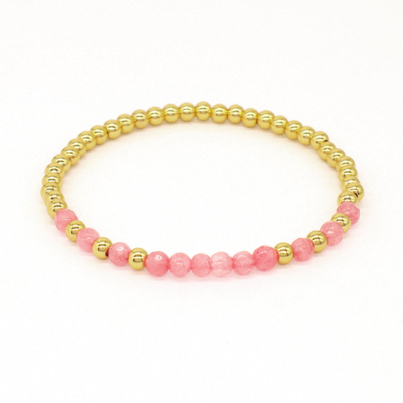 Friendship OEM Customized Fashion Pink Ladies Gold Plated 4mm Beaded Handmade Elastic Faceted Natural Stone Beaded Bracelet
