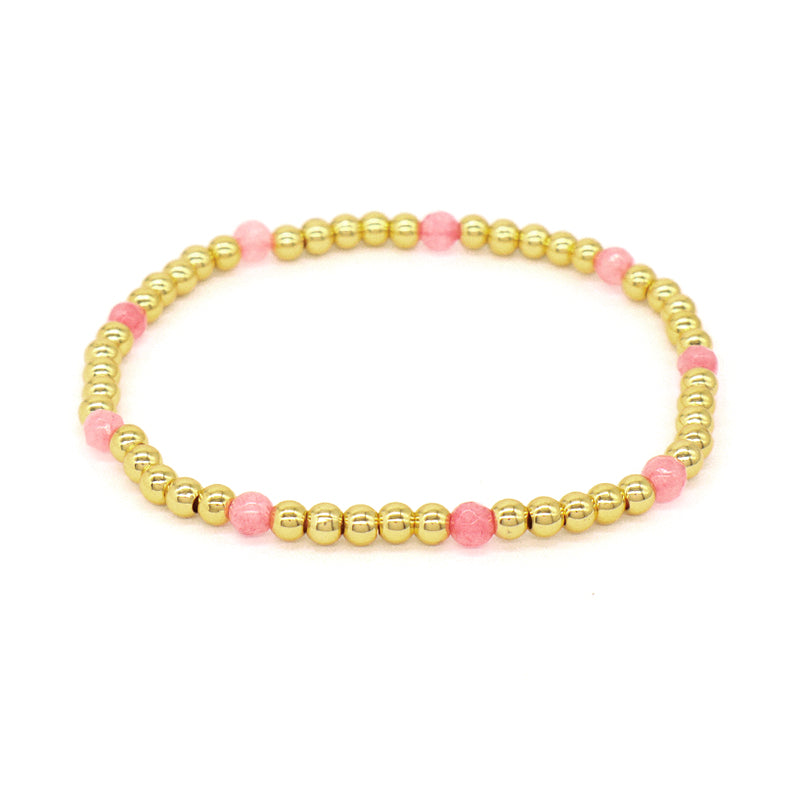 Friendship OEM Customized Fashion Pink Ladies Gold Plated 4mm Beaded Handmade Elastic Faceted Natural Stone Beaded Bracelet