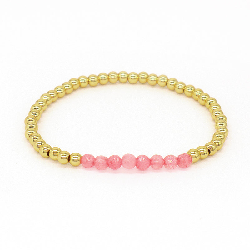 Friendship OEM Customized Fashion Pink Ladies Gold Plated 4mm Beaded Handmade Elastic Faceted Natural Stone Beaded Bracelet