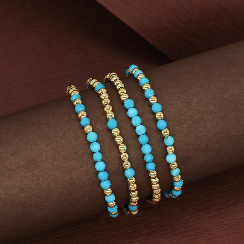 New Bulk Sale Custom Fashion 4mm Gold Plated Beaded Blue Handmade Elastic Gemstone Natural Stone Beads Bracelet For Women Gift