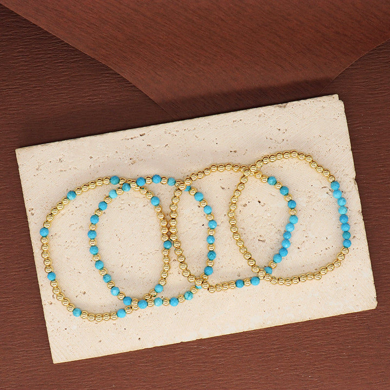 New Bulk Sale Custom Fashion 4mm Gold Plated Beaded Blue Handmade Elastic Gemstone Natural Stone Beads Bracelet For Women Gift