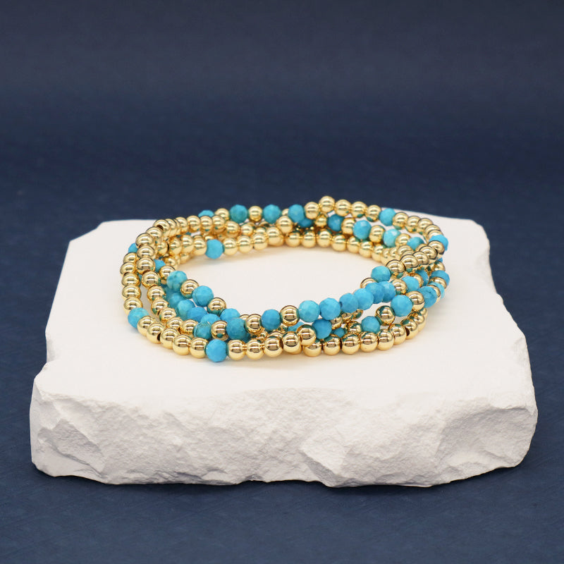 New Bulk Sale Custom Fashion 4mm Gold Plated Beaded Blue Handmade Elastic Gemstone Natural Stone Beads Bracelet For Women Gift