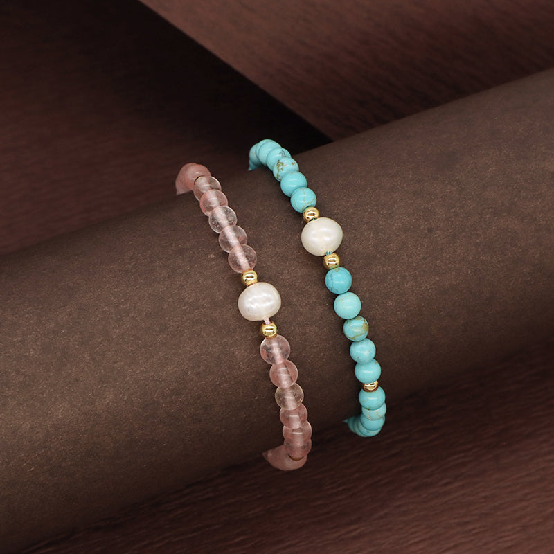 Fashion Custom Women 4mm Gold Plated Beaded Jewelry Handmade Ajustable Woven Pearl Gemstone Natural Stone Beads Macrame Bracelet