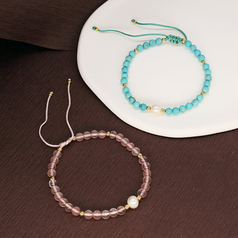 Fashion Custom Women 4mm Gold Plated Beaded Jewelry Handmade Ajustable Woven Pearl Gemstone Natural Stone Beads Macrame Bracelet