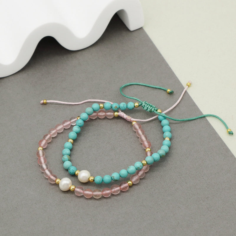 Fashion Custom Women 4mm Gold Plated Beaded Jewelry Handmade Ajustable Woven Pearl Gemstone Natural Stone Beads Macrame Bracelet