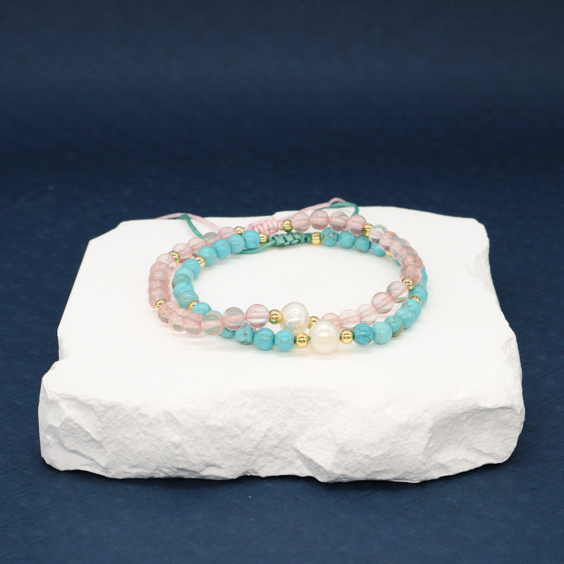 Fashion Custom Women 4mm Gold Plated Beaded Jewelry Handmade Ajustable Woven Pearl Gemstone Natural Stone Beads Macrame Bracelet