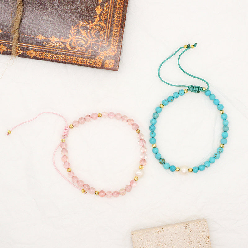 Fashion Custom Women 4mm Gold Plated Beaded Jewelry Handmade Ajustable Woven Pearl Gemstone Natural Stone Beads Macrame Bracelet
