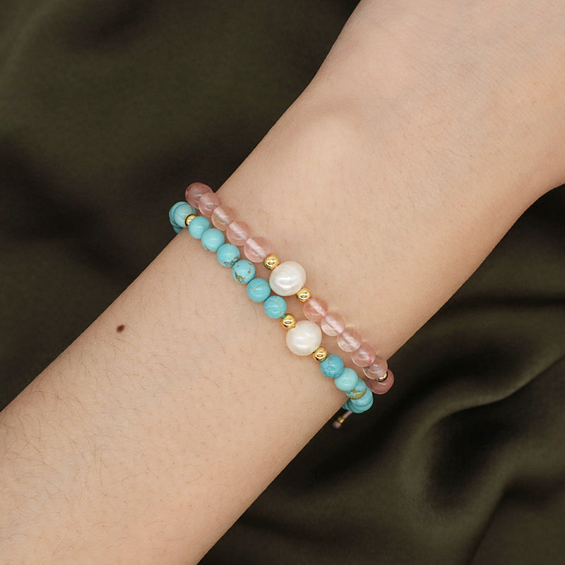 Fashion Custom Women 4mm Gold Plated Beaded Jewelry Handmade Ajustable Woven Pearl Gemstone Natural Stone Beads Macrame Bracelet