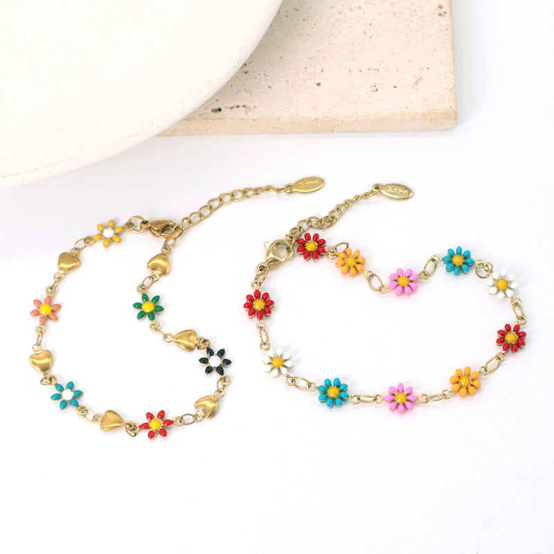 Custom High Quality Popular Women Wholesale Fashion Ajustable Gold Plated Colorful Enamel Flower Stainless Steel Bracelet