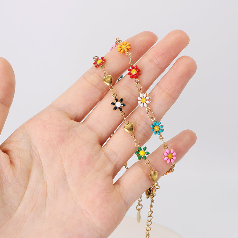 Custom High Quality Popular Women Wholesale Fashion Ajustable Gold Plated Colorful Enamel Flower Stainless Steel Bracelet