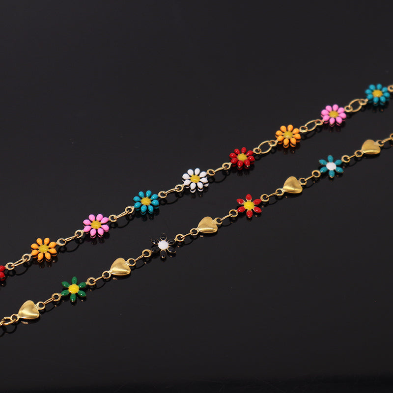 Custom High Quality Popular Women Wholesale Fashion Ajustable Gold Plated Colorful Enamel Flower Stainless Steel Bracelet