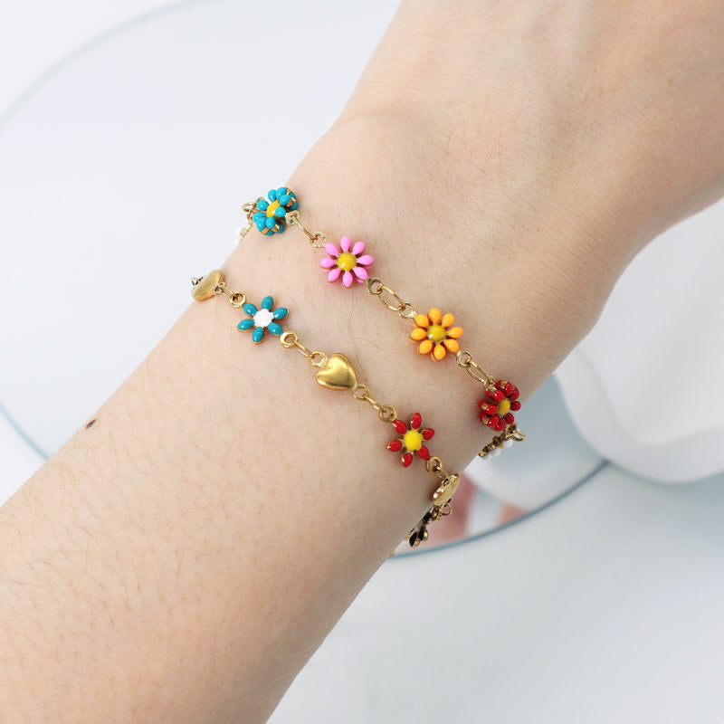 Custom High Quality Popular Women Wholesale Fashion Ajustable Gold Plated Colorful Enamel Flower Stainless Steel Bracelet