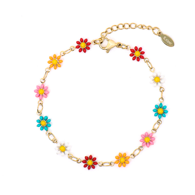 Custom High Quality Popular Women Wholesale Fashion Ajustable Gold Plated Colorful Enamel Flower Stainless Steel Bracelet