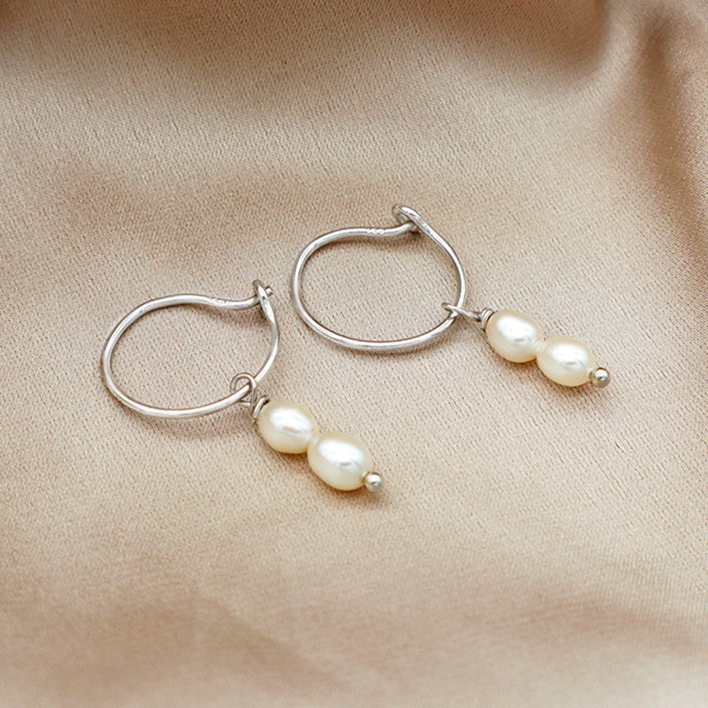 New arrival Wholesale Manufacture Women 4mm Natural Stone Fresh Water Pearl Rhodium Plated 925 sterling silver Hoop Drop Earrings