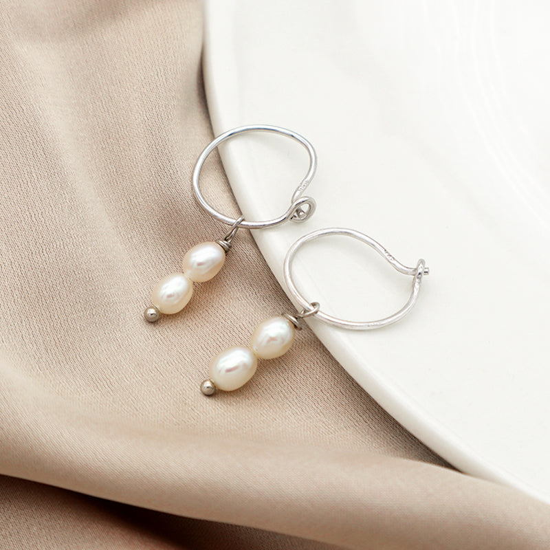 New arrival Wholesale Manufacture Women 4mm Natural Stone Fresh Water Pearl Rhodium Plated 925 sterling silver Hoop Drop Earrings
