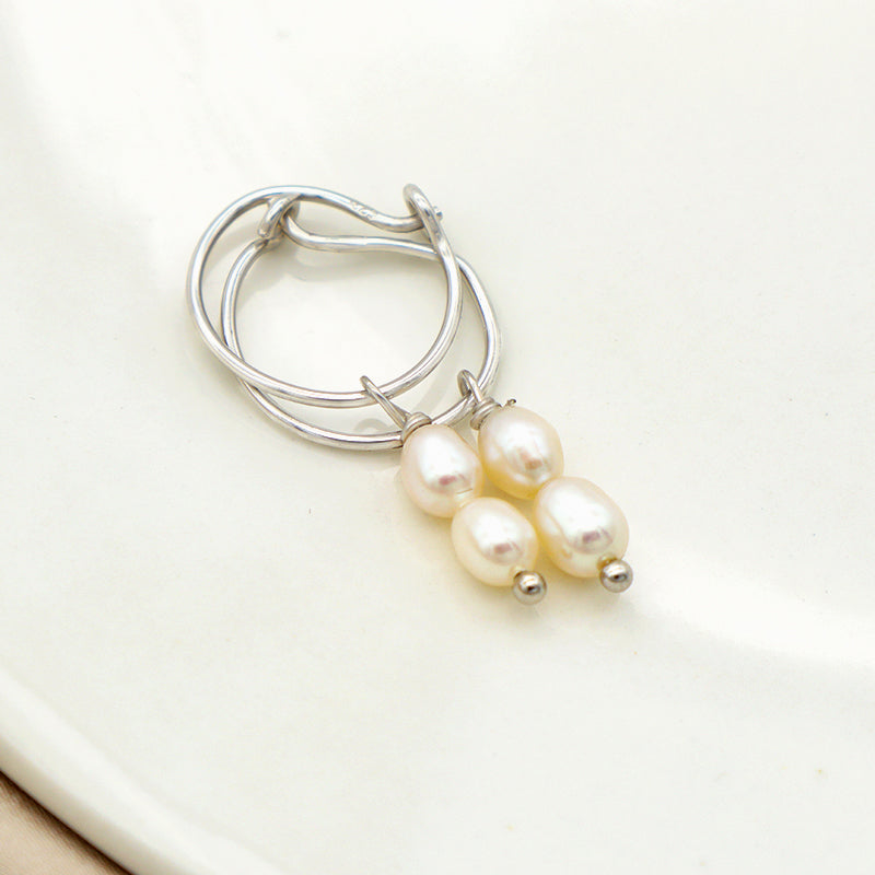New arrival Wholesale Manufacture Women 4mm Natural Stone Fresh Water Pearl Rhodium Plated 925 sterling silver Hoop Drop Earrings