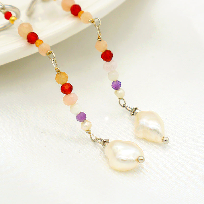 Custom Factory Manufacture Handmade Women Rhodium Plated 925 sterling silver Natural Stone fresh water pearl dangle earrings