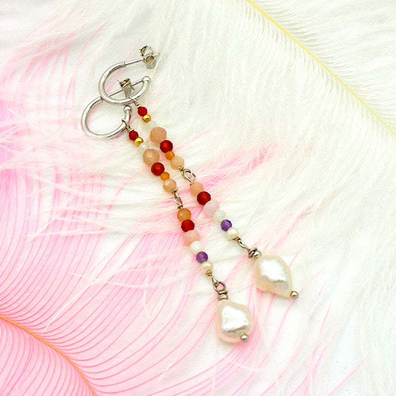 Custom Factory Manufacture Handmade Women Rhodium Plated 925 sterling silver Natural Stone fresh water pearl dangle earrings