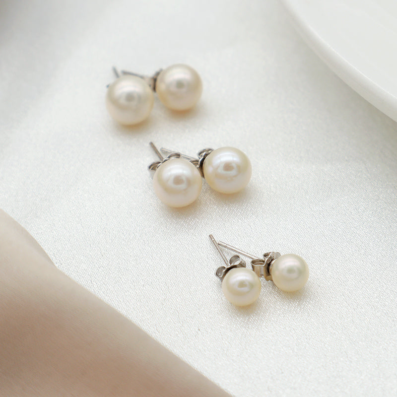 18K Gold Plated 925 Sterling Silver Earring Stud Round White Freshwater Cultured Pearl Earrings